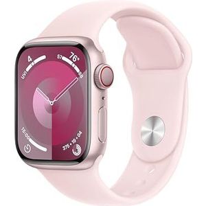 Apple Watch Series 9 (41 mm GPS + mobiel) met roze aluminium behuizing en lichtroze sportarmband (M/L) tracker voor fysieke activiteit, apps voor zuurstof in het bloed en ECG, waterbestendig
