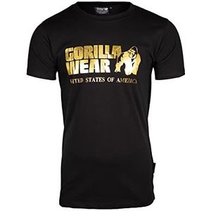 Gorilla Wear Klassiek T-shirt - wit - klassiek bovendeel met logo voor sport, dagelijks gebruik, training, hardlopen, joggen, normale pasvorm, licht katoen, bewegingsvrijheid grote maat, Zwart/Goud