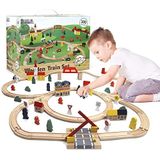 Play Build Houten Treinset voor kinderen, complete treinset voor peuters, 100-delige interactieve speel- en leerset, creatief houten treinspoor-ontwerp