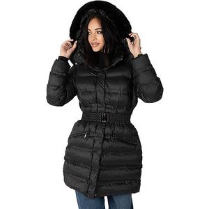 Lovedrobe Gewatteerde winterjas voor dames met riemzakken en rand van kunstbont, damesjas (1 stuk), zwart.