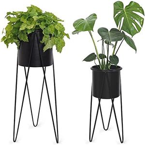 Gadgy Set van 2 zwarte metalen plantenstandaard | bloempot met poten | hoge bloempot