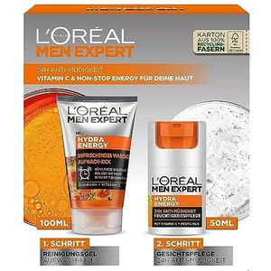 L'Oréal Men Expert Anti-vermoeidheid verzorgingsset voor mannen met 24 uur reinigingsgel en anti-vermoeidheidscrème voor mannen met vitamine C, Hydra Energy, 1 x 100 ml, 1 x 50 ml