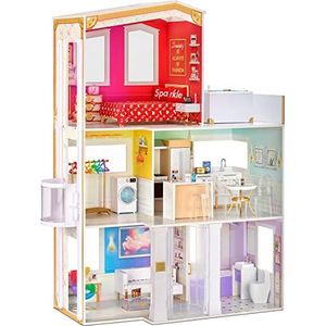 Groot Rainbow House - poppenhuis met 3 verdiepingen (hoogte: 120 cm, breedte: 90 cm), volledig ingericht met functioneel bad, douche, wastafel, lift en 50 accessoires, 6 tot 12 jaar