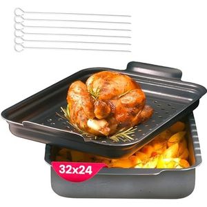 Braadpan met antiaanbaklaag met spiesen, 32 x 24 cm, versterkte stenen geperforeerde plaat voor pizza, lasagne, rollen en grillen, multifunctionele aluminium plaat