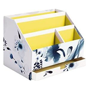 Clairefontaine 115938C Brievenhouder van karton met lade 24 x 16 x 18 cm – motief bloemen beschilderd met blauwe inkt – papier gesatineerd – Home Office – Inkebana collectie