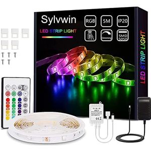 Sylvwin Led Strip, 5 m RGB, met Afstandsbediening,Zelfklevend,Met 16 Kleurveranderingen,4 Modi voor Thuis,Slaapkamer, Tv, Kastdecoratie, Feest, SMD 5050 Led Strips