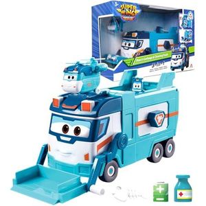 Super Wings Shine Season 7 Nieuwe Marc's Vuilnis- en schoonmaaktruck Grote vuilniswagen voor jongens, met afvallift en leegfunctie, groen en blauw speelgoed voor peuters