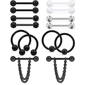 LAURITAMI 14 stuks 14 g piercingringen tepel barbell tong van chirurgisch staal retainer hanger zilver zwart voor vrouwen piercing sieraden