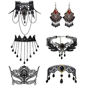 JewelryWe Set van 3 zwarte stretch fluwelen kettingen, klassiek, gothic, met kwastjes, tatoeage kant, voor vrouwen en meisjes, Roestvrij staal, Stras