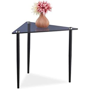 Relaxdays Bijzettafel, driehoekige salontafel, hBT 41 x 50 x 50 cm, glas en staal, voor woonkamer, moderne salontafel, grijs/zwart