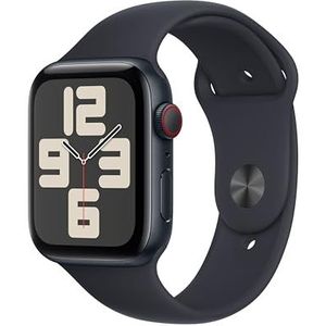 Apple Watch SE (2e generatie, 2023) (44 mm GPS + cellular) smartwatch met aluminium behuizing en sportarmband - middernacht uitvoering - M/L. Fitnesstracker, slaaptracker, ongevallenherkenning.