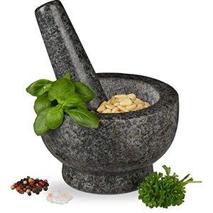 Relaxdays Granieten vijzel met stamper, robuust, voor specerijen, kruiden, gepolijste steenmortel, d. 13 cm, 250 ml, grijs