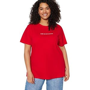 Trendyol T-shirt basique à col rond en tricot pour femme Coupe décontractée, Rouge, XXL grande taille