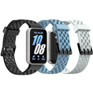 TiMOVO Set van 3 sportarmbanden compatibel met Samsung Galaxy Fit 3, verstelbare zachte siliconen armband met luchtstroomoriëntatie voor dames en heren, zwart + hoog blauw + lichtgrijs