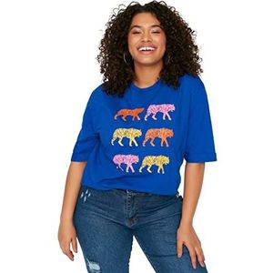 TRENDYOL T-shirt pour femme avec col rond, coupe normale, chemise grande taille, bleu, 6XL grande taille