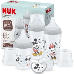 NUK Perfect Match Flessenset, 0-6 maanden, past zich aan het gehemelte van de baby aan, 3 anti-koliekflessen en Space fopspeen, BPA-vrij, Disney Mickey Mouse, 4 stuks