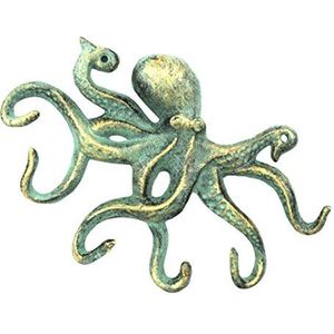 Hampton Nautical Rustiek, donkerblauw, gebleekt, van gietijzer, octopus, haken, 27,9 cm, decoratieve haak - wandsealife van metaal, haken, bronskleurig