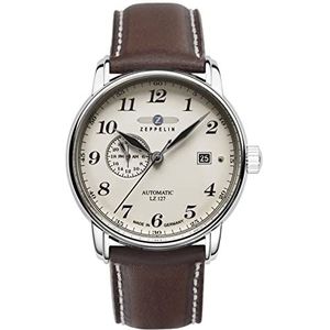 Zeppelin Herenhorloge met leren band, serie LZ127 GRAF, automatisch, 24 uur, datum 8668, zilver/donkerbruin, riem