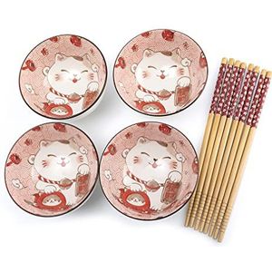 lachineuse - Set van 4 kommen Maneki Neko - rijstkommen, ontbijt en soep - Japans servies van porselein - met eetstokjes - geluksbrenger kat - Japans Kawaii Japan cadeau - wit en rood