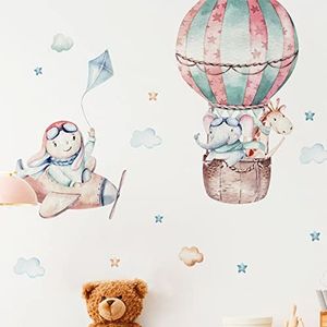 Muursticker kinderen - decoratie babykamer - muursticker kinderkamer - muursticker heteluchtballon en de dieren lijnpiloten - H90xL 60cm