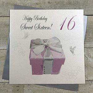 White Cotton Cards Grote verjaardagskaart, 16 jaar, Happy Birthday Teenager Sweet Sixteen! met roze geschenkdoos, handgemaakt