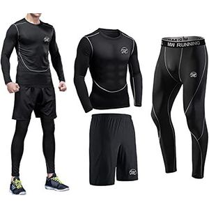 meeteu Compressieset heren outfit sport fitness kleding running shirt compressie leggings sport hardlopen joggen fietsen zwart L