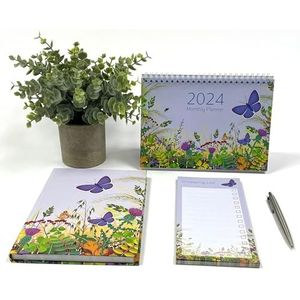 Exacompta - Ref GS036Z - Organisatieset 2024 - Bevat een A5-dagboek, een bureaukalender (maand per zicht) en een boodschappenlijstblok met vlinder- en bloemenmotief