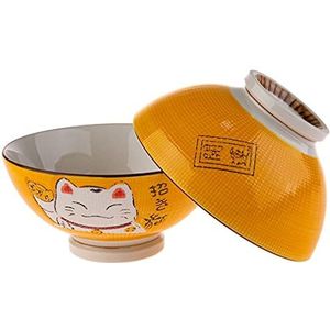 lachineuse - 2 soepkommen of ramenkommen - Design Maneki Neko - Geel - Multifunctionele kommen - Porselein - Japanse decoratie - Geschenkidee Japan Azië