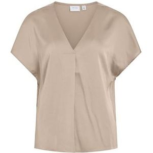 VILA Viellette S/S satijnen top met V-hals - Noos damesblouse met korte mouwen, Beige