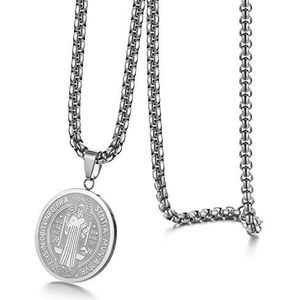 JewelryWe Halsketting met hanger in de vorm van een Sint-Benedictus medaille, verstelbare ketting van roestvrij staal, christelijke sieraden, met geschenkdoos in zilver of goud, Roestvrij staal