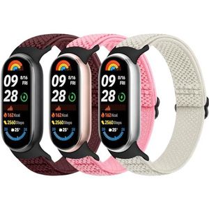 Bcuckood Set van 3 horlogebanden, compatibel met Xiaomi Mi Band 8, rekbare elastische zachte nylon horlogebandjes voor dames en heren, Geen edelsteen