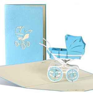 Pop-up kaart met kinderwagen van papier blauw - geboortewenskaart - Baby Shower Boy G13.2