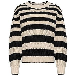 Cream Women's Pullover Striped Chunky Knit Casual Fit Crew Neck Loose Sleeves Femme, Pitch Black Stripe, L