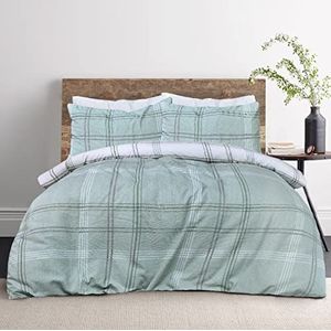 Sleepdown Dekbedovertrek en kussensloop, geruit, groen, wafelpatroon, voor eenpersoonsbed (135 x 200 cm)