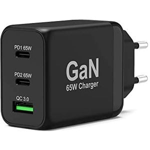 Port Connect GaN USB-C Power Delivery™ & USB-A Quick Charge 65W wandlader met type C-kabel, 2 m, zwart, UK-stekker