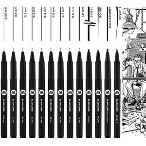 Molotow Blackliner Set van 13 permanente inktstiften met fijne punt 0,05 - 1,0 mm en speciale etui, zwart