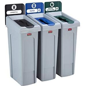 Rubbermaid Slim Jim recyclingstation met 3 bekken, ontlading (zwart), papier (blauw)/gemengde recycling (groen)