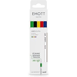 Emott Uni Ball - Uni Mitsubishi Pencil - 5 viltstiften Vivid Colors - om te schrijven, te tekenen, plotten met stijl - fijne punt 0,4 mm - blauw, geel, rood, groen, zwart