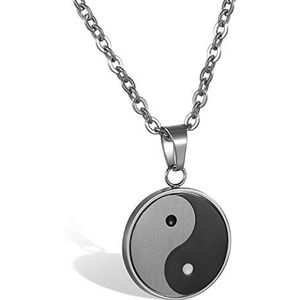 JewelryWe Halsketting voor dames en heren, roestvrij staal, Tai Chi Yin en Yang hanger met 55 cm ketting, wit grijs zwart, gratis gravure, Roestvrij staal, Geen edelsteen