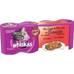 WHISKAS La Carte du slagerboxen met 4 smaken voor volwassen katten – 24 dozen à 400 g – verpakking kan variëren