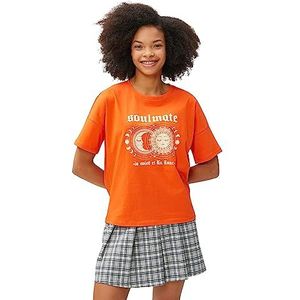 Koton T-shirt imprimé à manches courtes et col rond pour femme, Orange (209), L