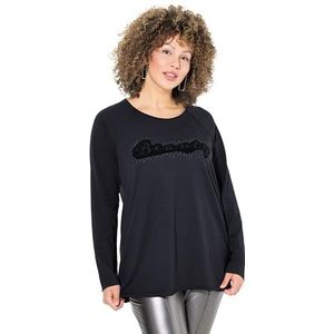 Ulla Popken Shirt, flockprint, A-lijn, ronde hals, lange arm, Offenkantig T-shirt voor dames, zwart., 48-50
