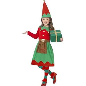 Smiffys Kerstman elfkostuum voor kinderen, rood groen met jurk en hoed