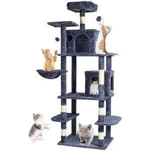 VEVOR Kattenboom voor binnen, kattentoren 174 cm met 2 kattenhokken, sisal-krabpaal, hangmat, bovenste zitstok, springplatforms, groot kattenmeubel met hangende bal,