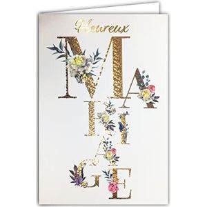 Afie 63-1151 wenskaart voor bruiloft, wenskaart in goud, glanzend, incl. envelop, gemaakt in Frankrijk, Boheemse chique droogbloemen, eucalyptus, rozen, pioenrozen