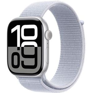 Apple Watch Series 10 (46 mm GPS + Cellular) Smartwatch met zilverkleurige aluminium behuizing en blauwe sportgesp. Fitness-tracker, ECG-app, koolstofneutraal