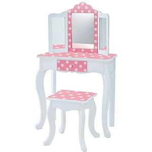 Teamson Kids Eamson Kids-gravure, modieus, polka dot, cosmeticatafel, hout, wit, TD-11670F, Fantasy Fields Gisele kinderkaptafel met spiegel en kruk met stippen, UK-TD-11670F, roze en goud, Eén maat