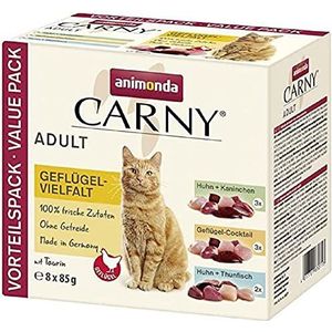 animonda Carny Kattenvoer voor volwassenen, natvoer voor volwassen katten, graanvrij kattenvoer in verse zak, verscheidenheid aan gevogelte, suikervrij, 8 x 85 g