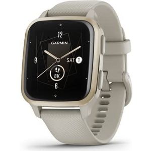 Garmin Venu Sq 2 Music Edition GPS-smartwatch multisport met AMOLED-display en gezondheidstracker, crèmegoud met linnen armband, behuizing 40 mm