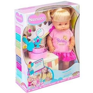 Nenuco - Famosa (NFN44000) Verjaardagspop voor kinderen vanaf 3 jaar, met kroon, speelgoedtaart en verwisselbare cijferkaars
